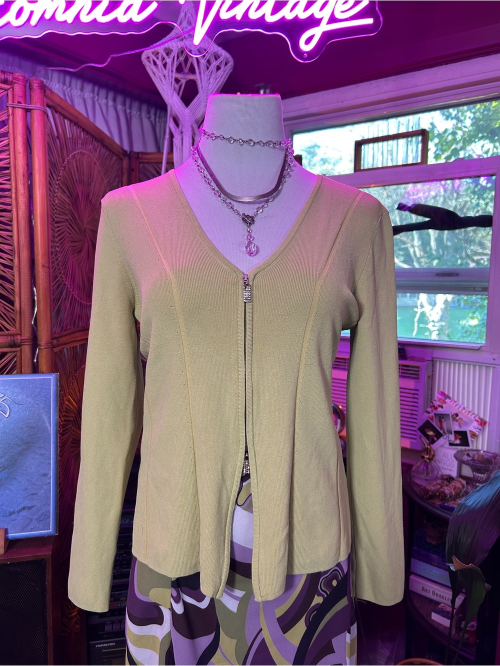 Belldini Y2K Light Olive V-Neck Zip Front Sweater